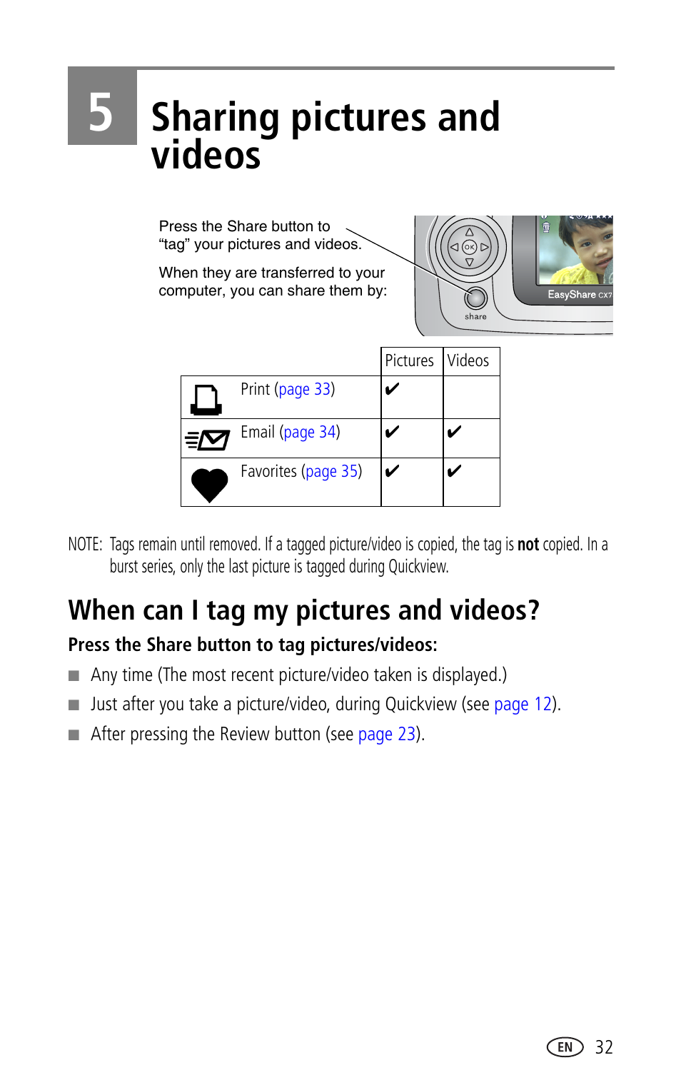 5 sharing pictures and videos, When can i tag my pictures and videos, Sharing pictures and videos | Kodak CX7330 User Manual | Page 39 / 61