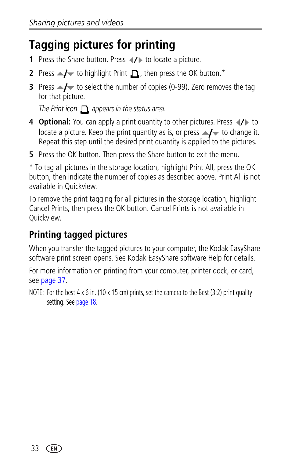 Tagging pictures for printing, Printing tagged pictures | Kodak CX7330 User Manual | Page 40 / 61