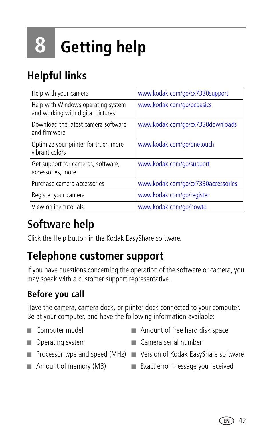 8 getting help, Helpful links, Software help | Telephone customer support, Before you call, Chapter 8, getting help, Getting help, Helpful links software help | Kodak CX7330 User Manual | Page 49 / 61