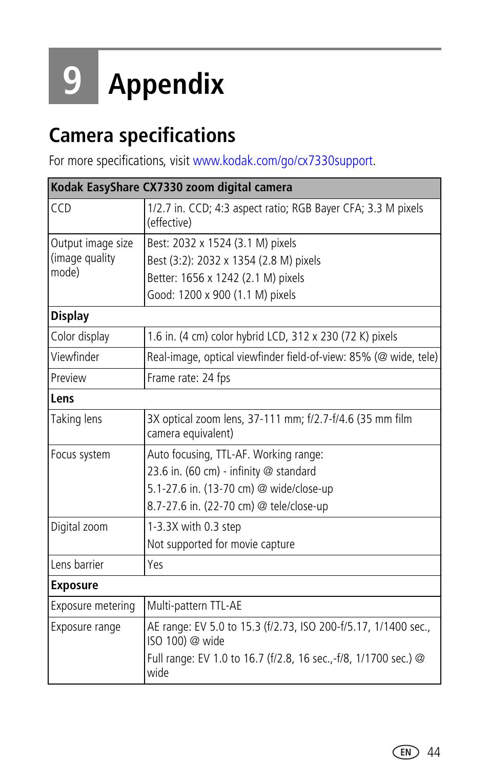 9 appendix, Camera specifications, Appendix | Kodak CX7330 User Manual | Page 51 / 61