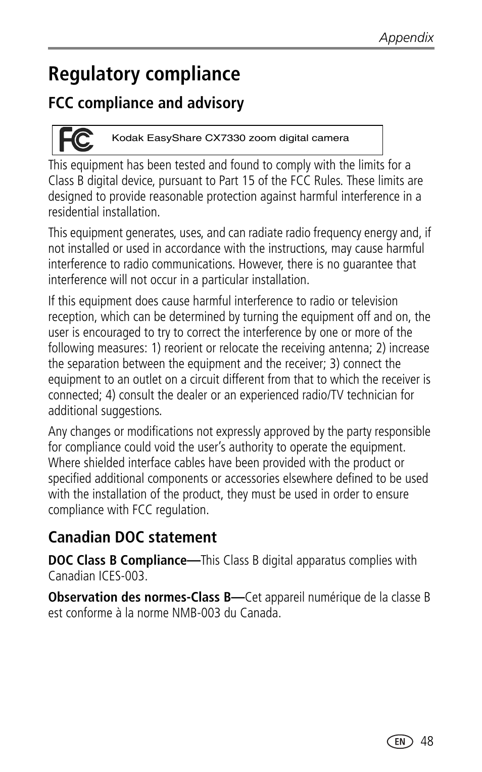 Regulatory compliance, Fcc compliance and advisory, Canadian doc statement | Kodak CX7330 User Manual | Page 55 / 61