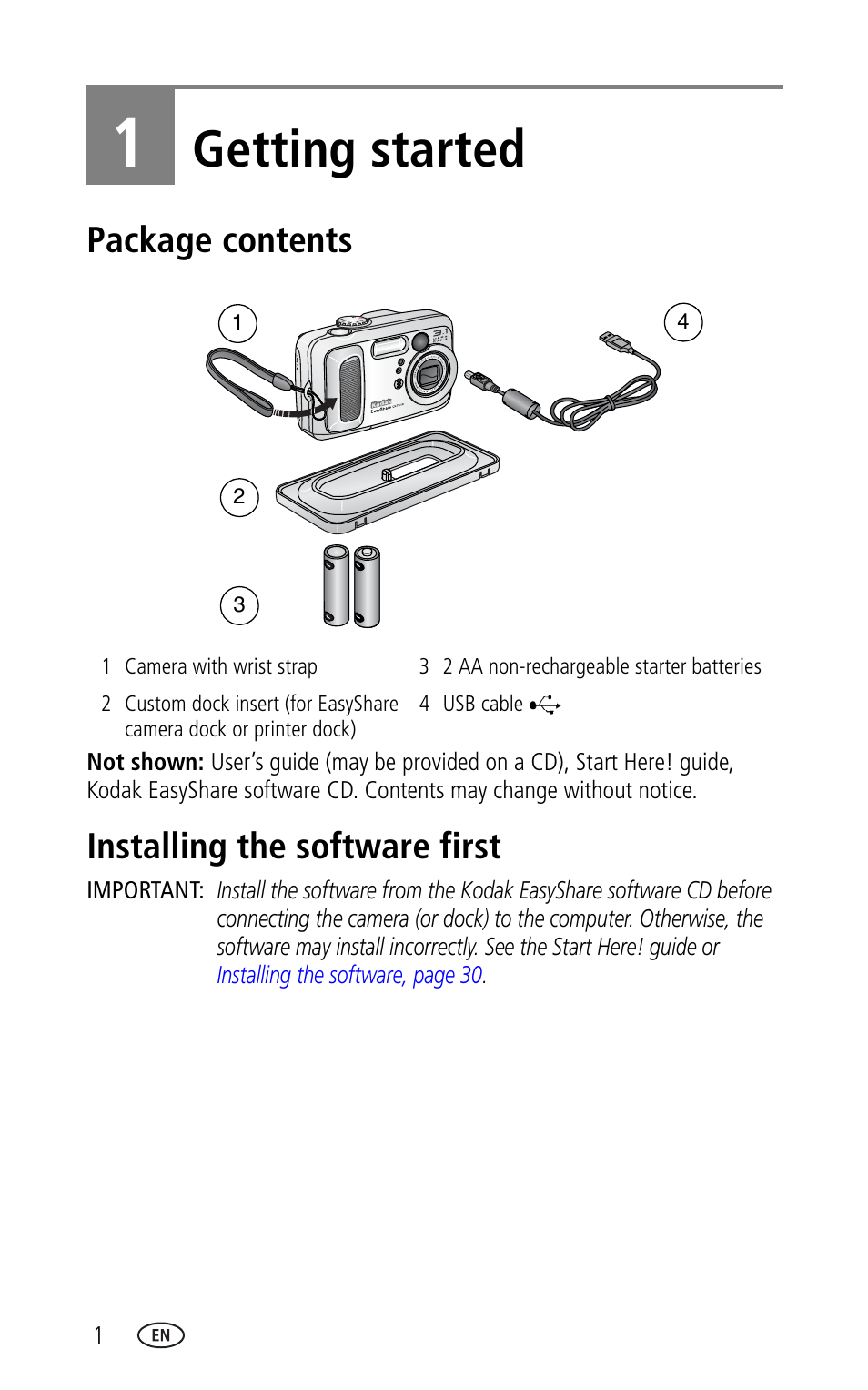 1 getting started, Package contents, Installing the software first | Package contents installing the software first, Getting started | Kodak CX7330 User Manual | Page 8 / 61