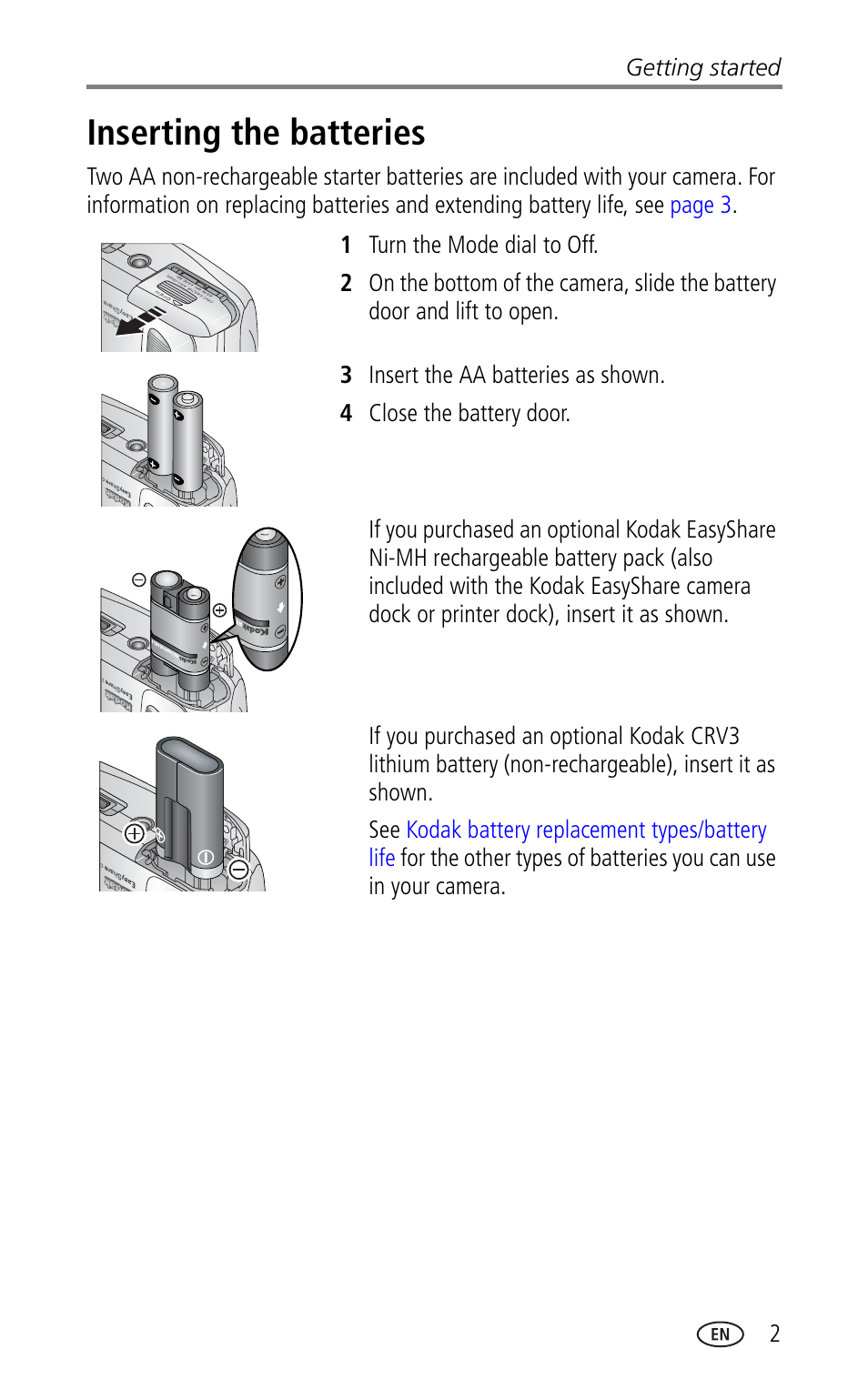 Inserting the batteries | Kodak CX7330 User Manual | Page 9 / 61