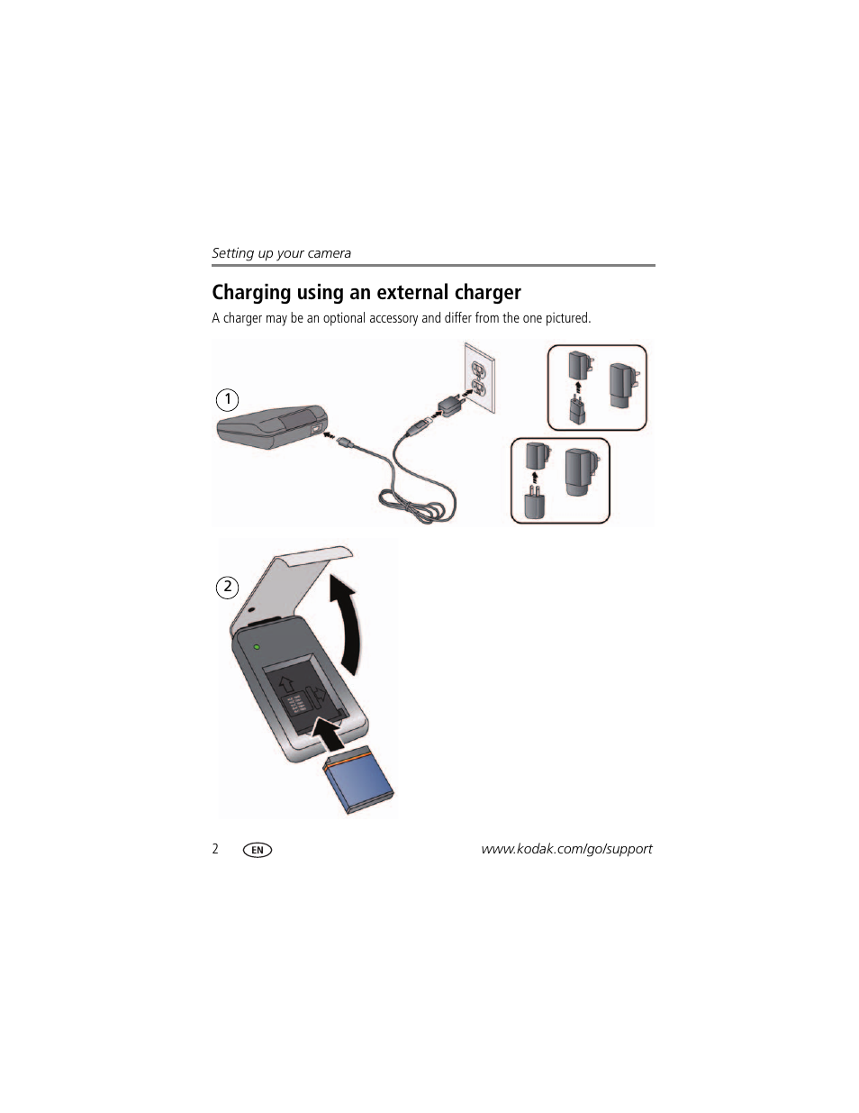 Charging using an external charger | Kodak PLAYTOUCH ZI10 User Manual | Page 10 / 39