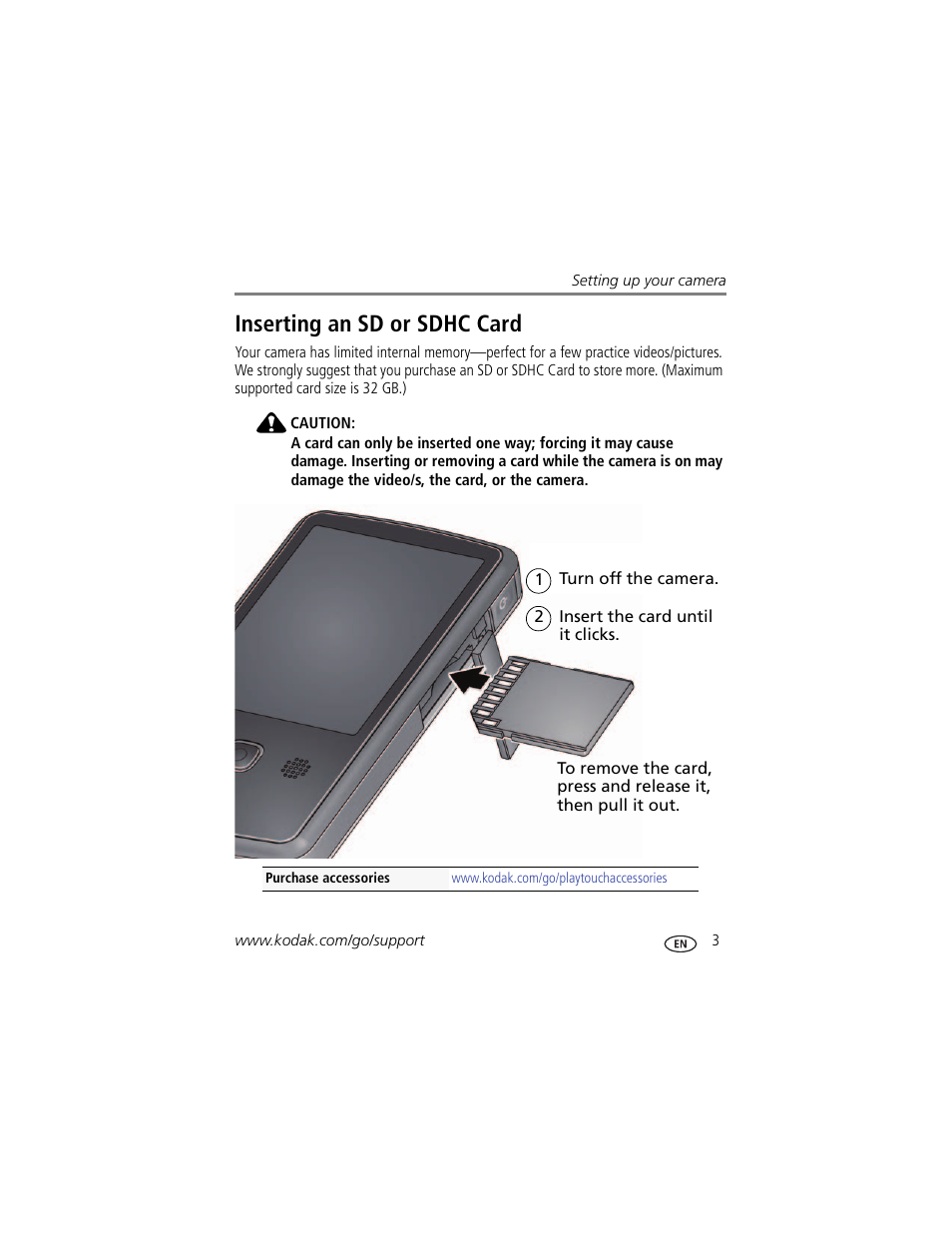 Inserting an sd or sdhc card | Kodak PLAYTOUCH ZI10 User Manual | Page 11 / 39