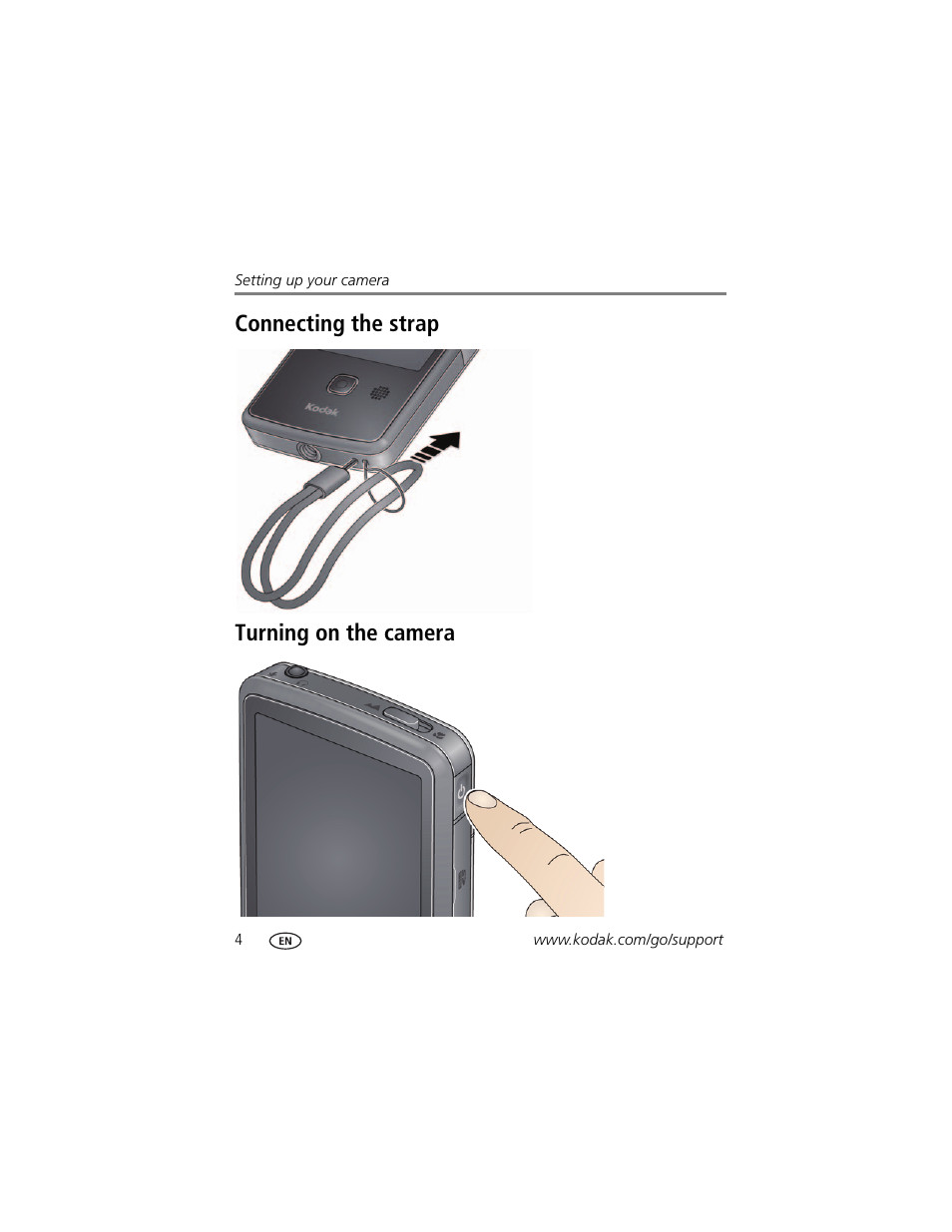 Turning on the camera, Connecting the strap turning on the camera | Kodak PLAYTOUCH ZI10 User Manual | Page 12 / 39