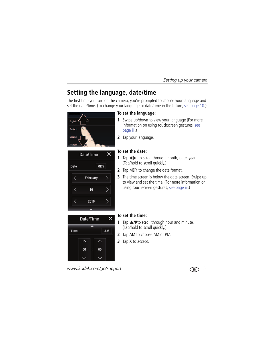 Setting the language, date/time | Kodak PLAYTOUCH ZI10 User Manual | Page 13 / 39