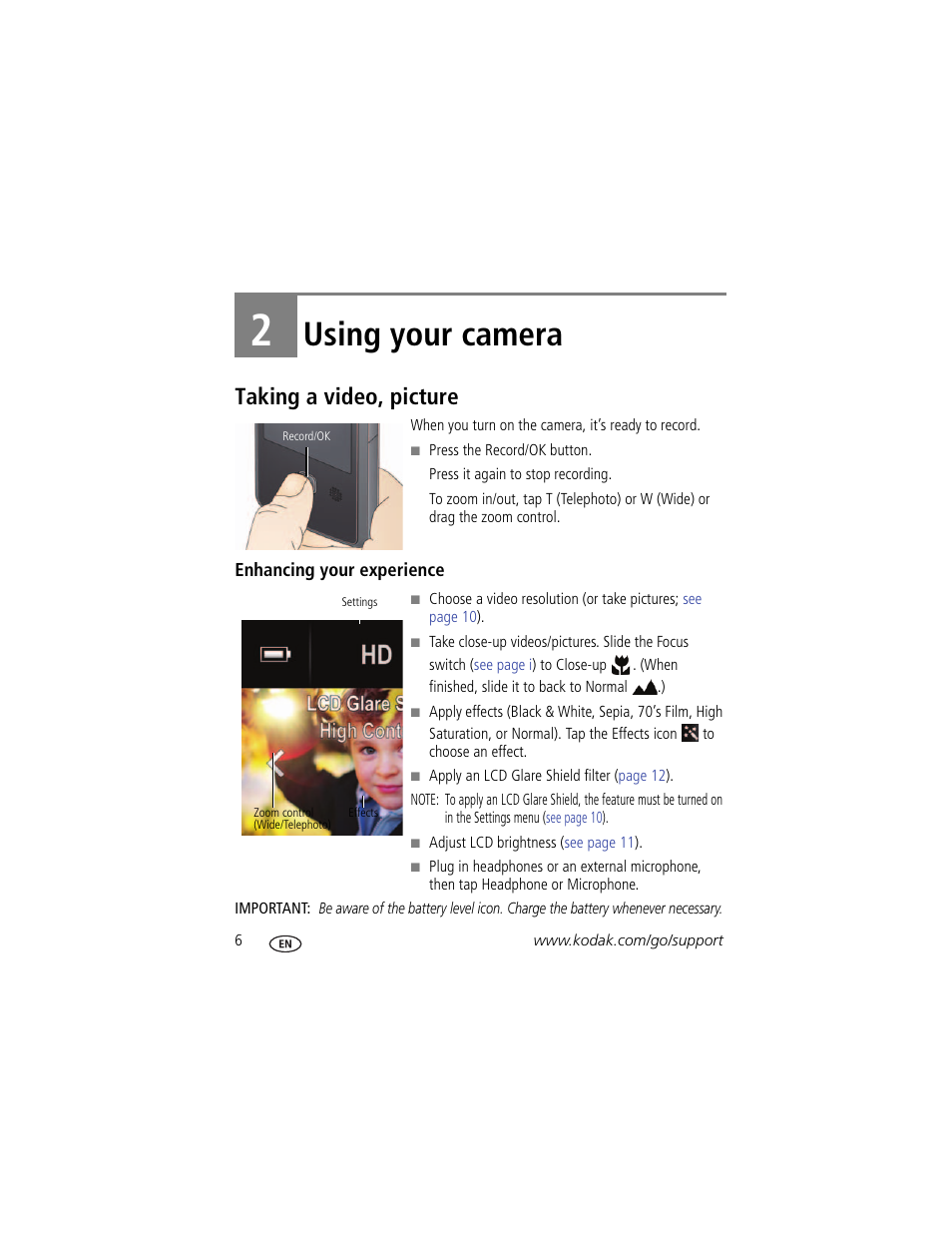 Using your camera, Taking a video, picture, Enhancing your experience | 2 using your camera | Kodak PLAYTOUCH ZI10 User Manual | Page 14 / 39