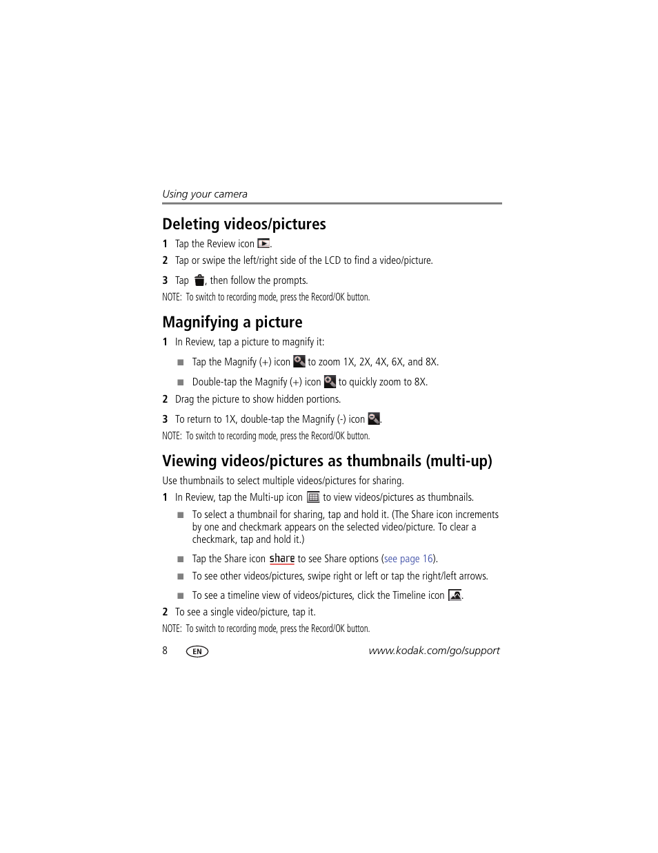 Magnifying a picture, Viewing videos/pictures as thumbnails (multi-up), Deleting videos/pictures | Kodak PLAYTOUCH ZI10 User Manual | Page 16 / 39