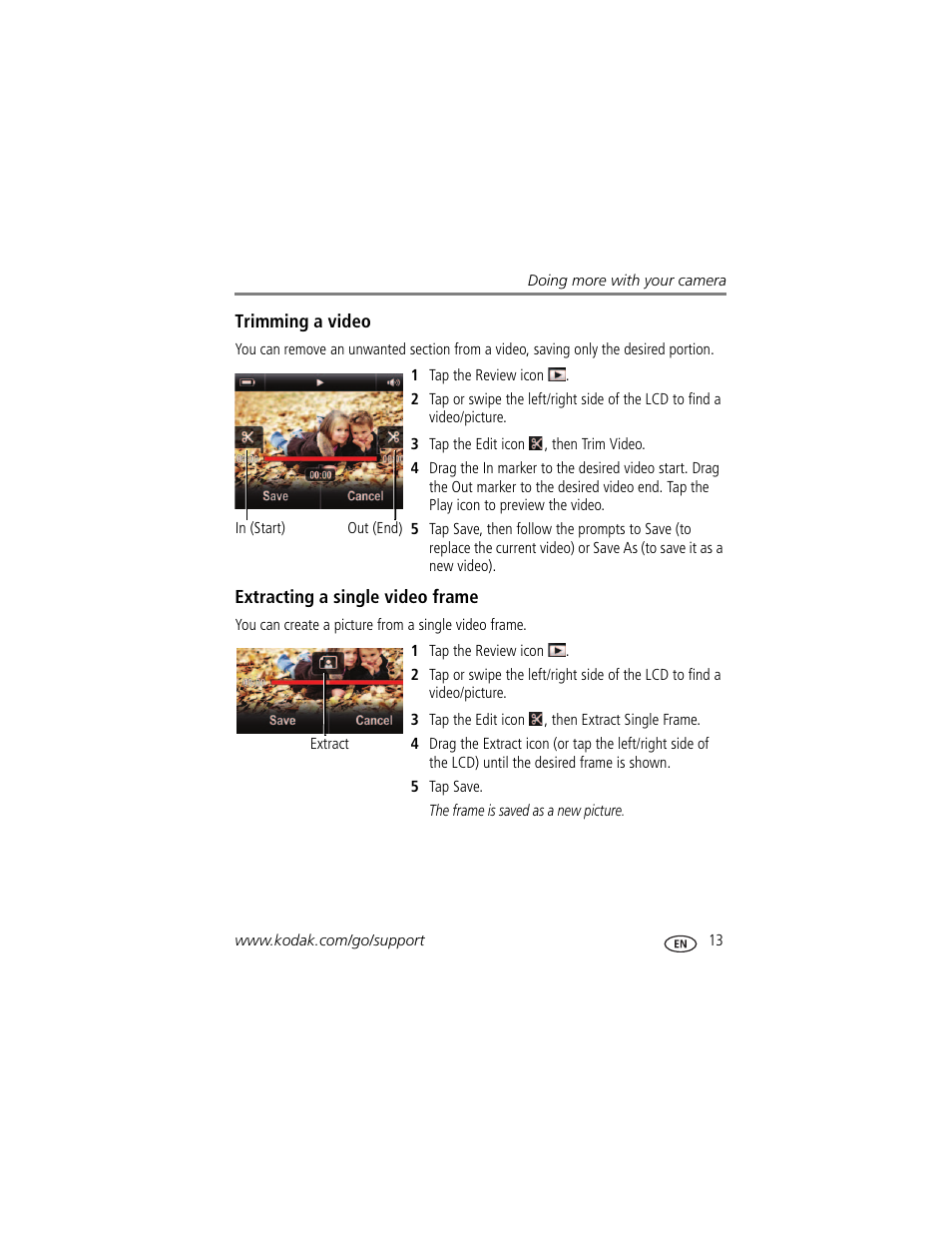 Extracting a single video frame, Action | Kodak PLAYTOUCH ZI10 User Manual | Page 21 / 39