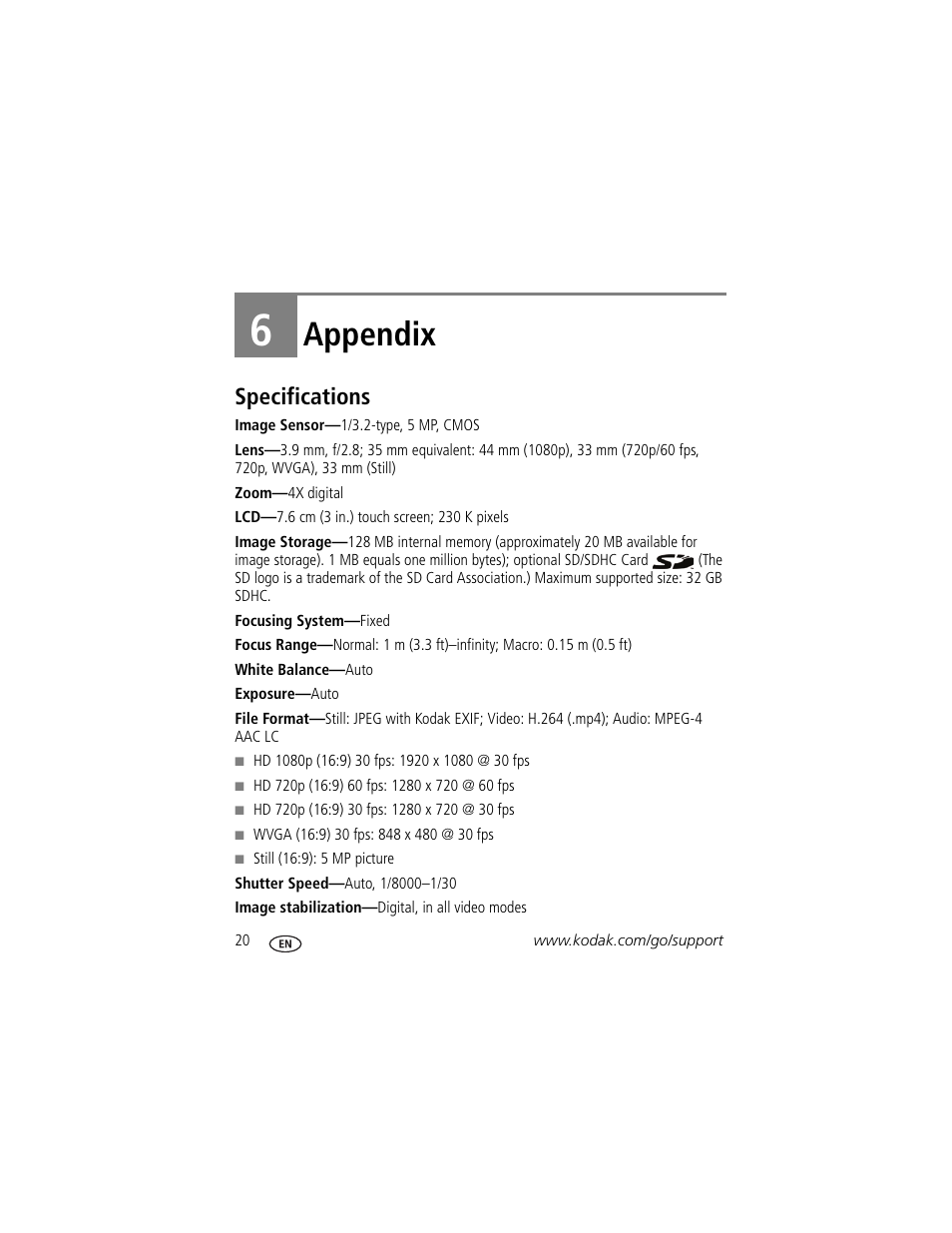 Appendix, Specifications, 6 appendix | Kodak PLAYTOUCH ZI10 User Manual | Page 28 / 39