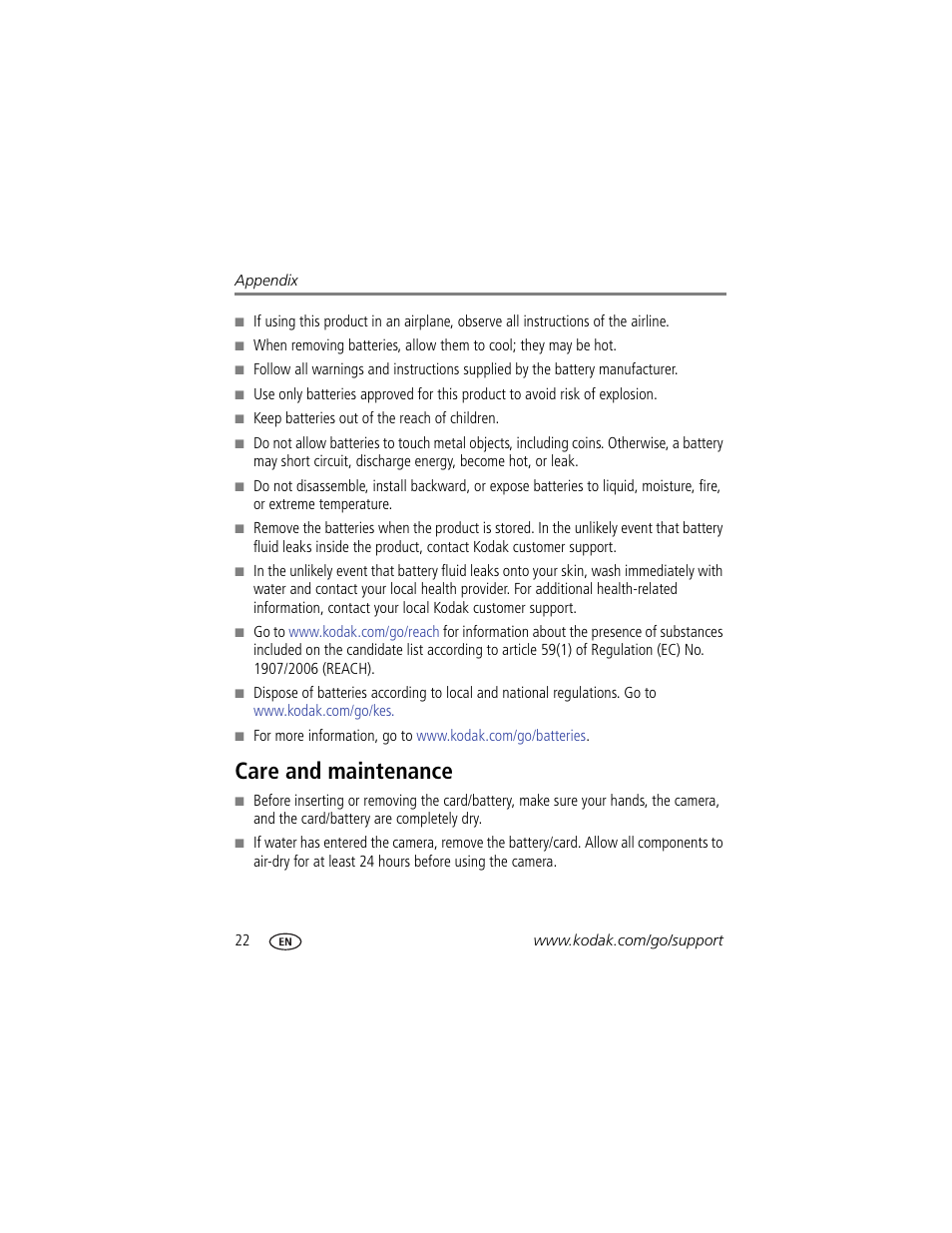Care and maintenance | Kodak PLAYTOUCH ZI10 User Manual | Page 30 / 39