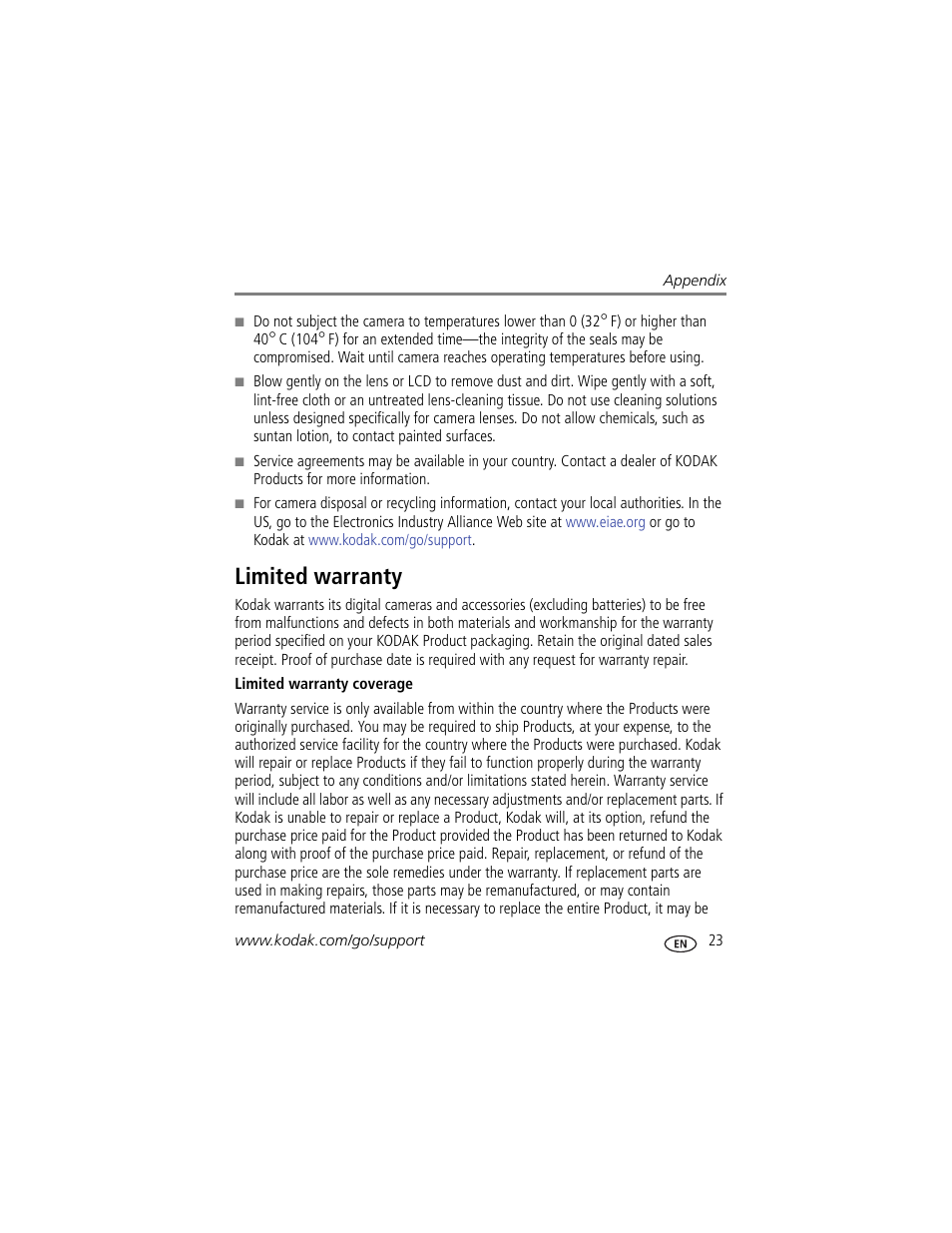 Limited warranty | Kodak PLAYTOUCH ZI10 User Manual | Page 31 / 39