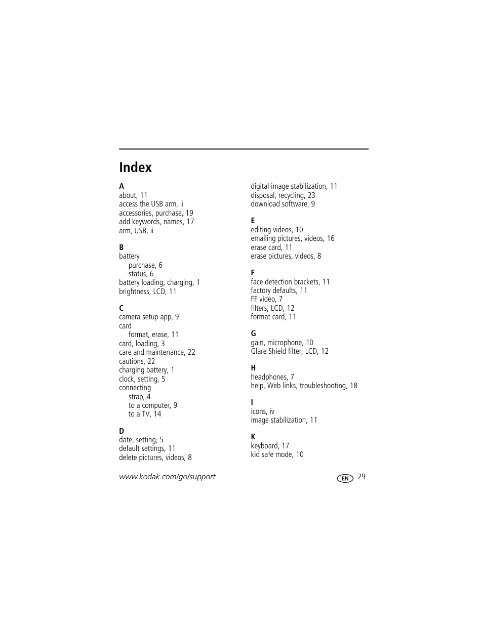 Index | Kodak PLAYTOUCH ZI10 User Manual | Page 37 / 39