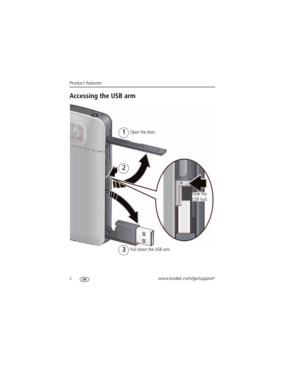 Accessing the usb arm | Kodak PLAYTOUCH ZI10 User Manual | Page 4 / 39