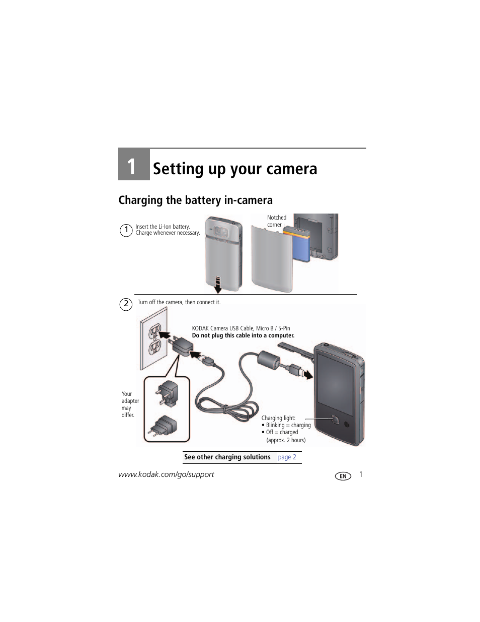 Setting up your camera, Charging the battery in-camera, 1 setting up your camera | Kodak PLAYTOUCH ZI10 User Manual | Page 9 / 39