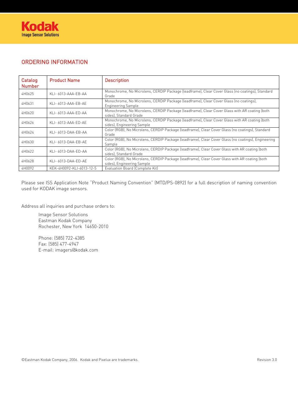 Ordering information | Kodak KLI-6013 User Manual | Page 2 / 2