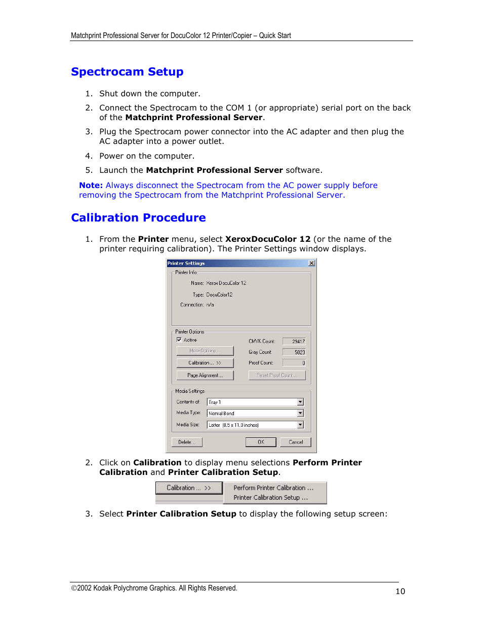 Spectrocam setup, Calibration procedure | Kodak KY0730485 User Manual | Page 10 / 27