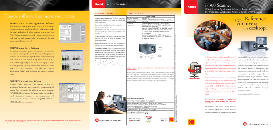 Reference archive, Desktop, I7300 scanner | Choose software that meets your needs, Bring your, Specifications features/benefits, Kodak i7300 scanner application software, Kodak image server software, Powerfilm application software | Kodak SCANNER I7300 User Manual | Page 5 / 6