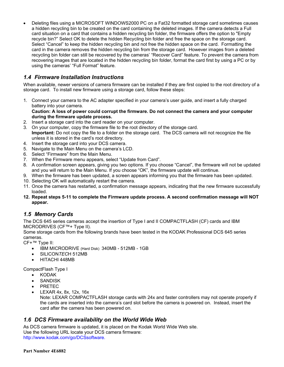 Firmware installation instructions, Memory cards, Dcs firmware availability on the world wide web | Irmware, Nstallation, Nstructions, Emory, Ards, Dcs f, Irmware availability on the | Kodak 4E6882 User Manual | Page 2 / 3