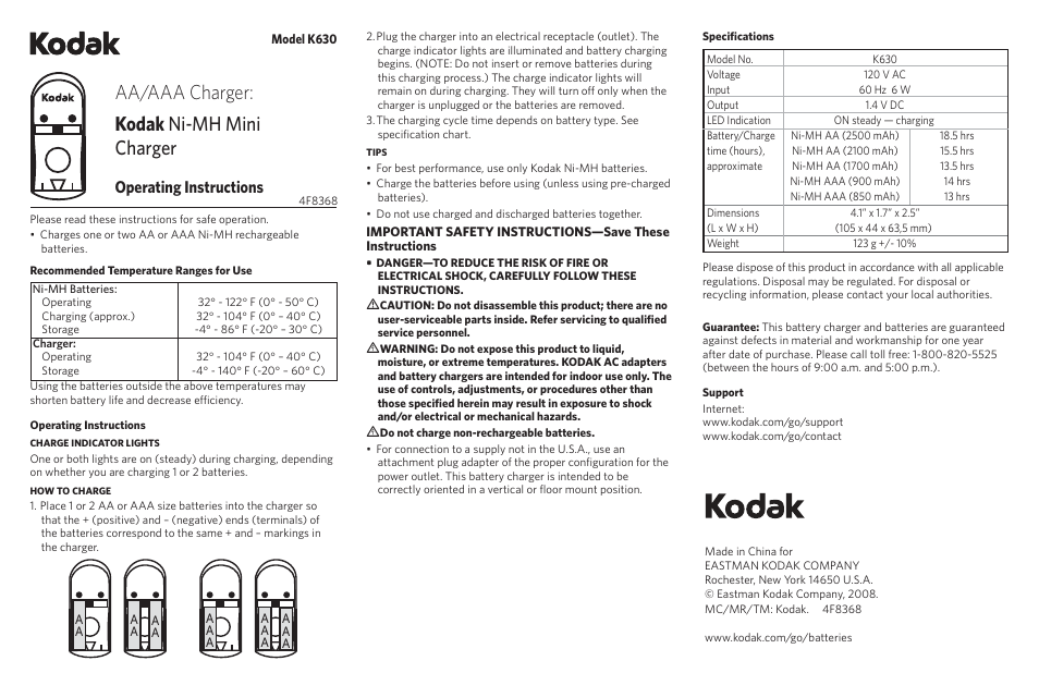 Kodak K630 User Manual | 1 page