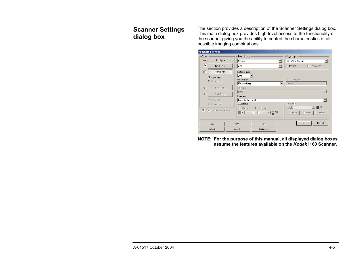 Buttons on the scanner settings dialog box, Scanner settings dialog box | Kodak i100 Series User Manual | Page 58 / 80