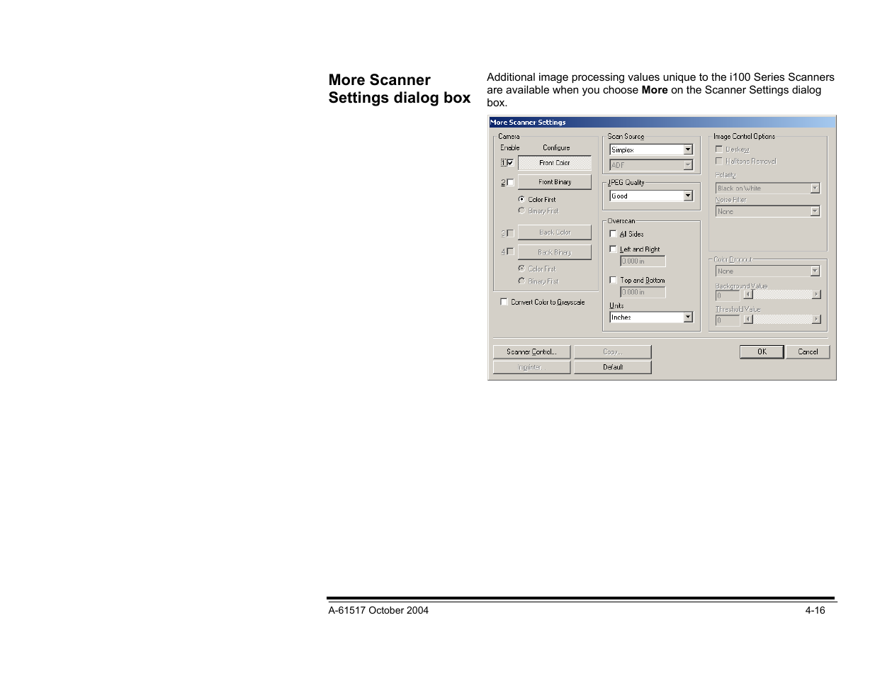 Camera settings area, More scanner settings dialog box | Kodak i100 Series User Manual | Page 69 / 80