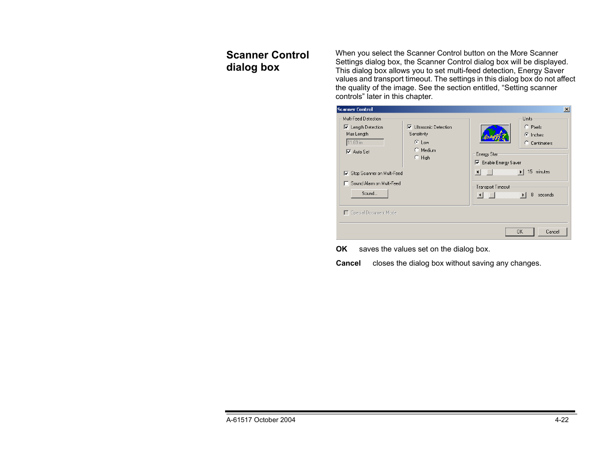 Setting multi-feed detection, Scanner control dialog box | Kodak i100 Series User Manual | Page 75 / 80