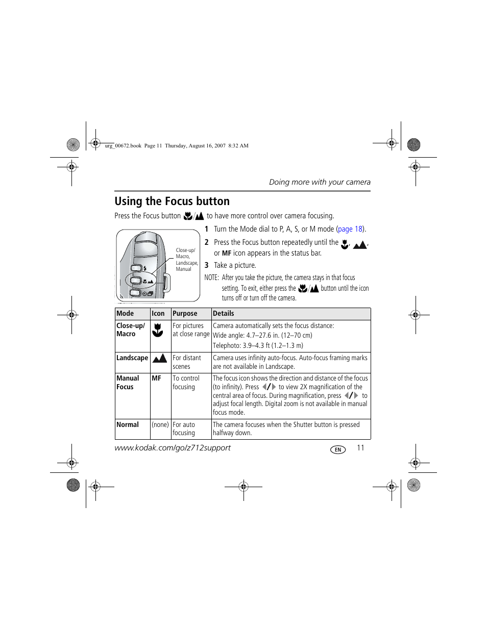 Using the focus button | Kodak KLIC-8000 User Manual | Page 11 / 27