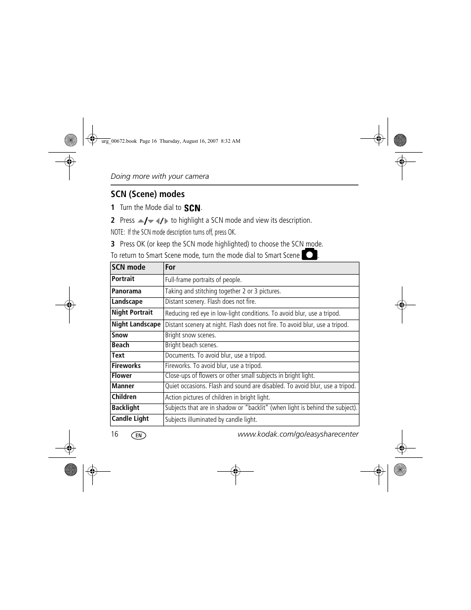 Scn (scene) modes | Kodak KLIC-8000 User Manual | Page 16 / 27
