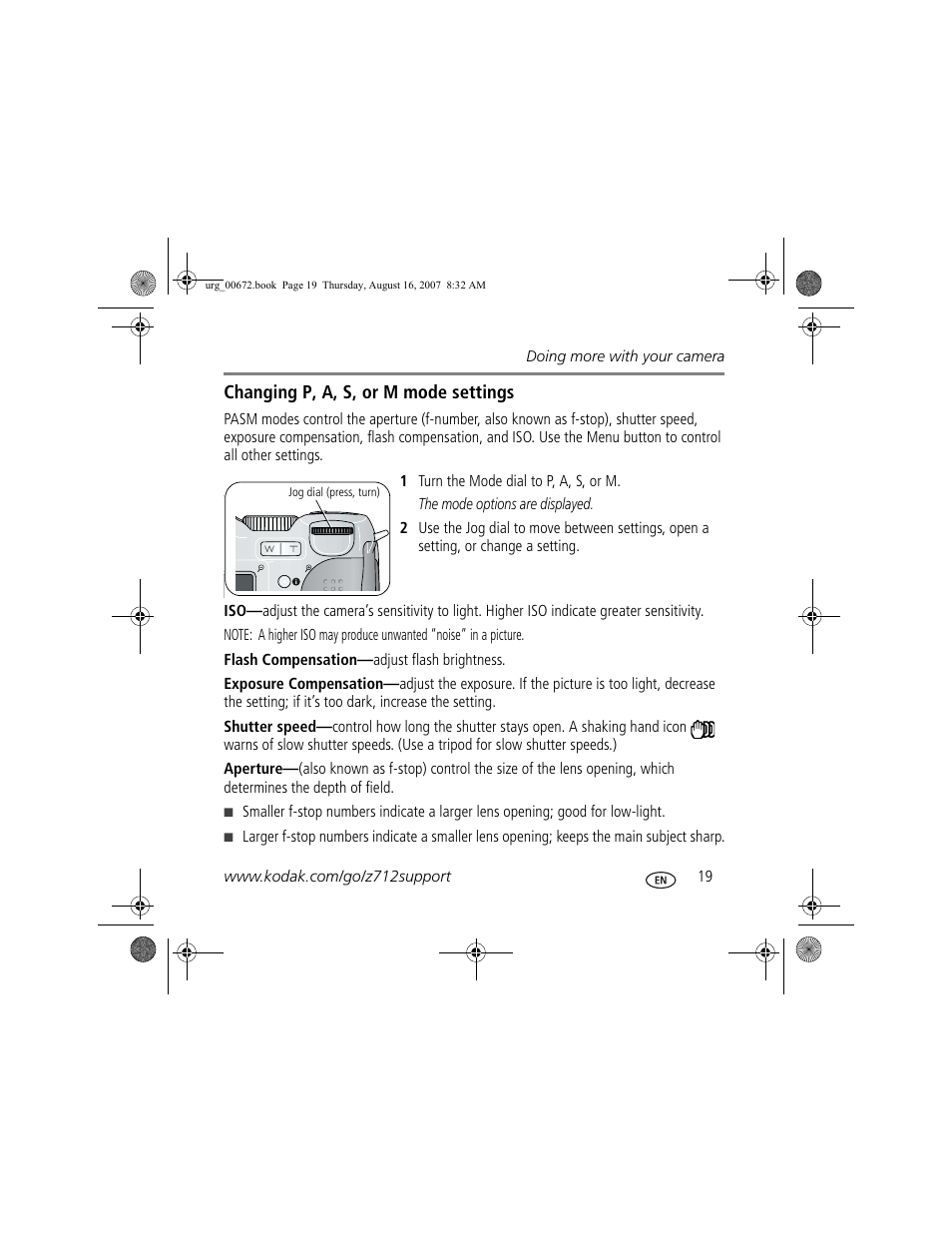 Changing p, a, s, or m mode settings | Kodak KLIC-8000 User Manual | Page 19 / 27