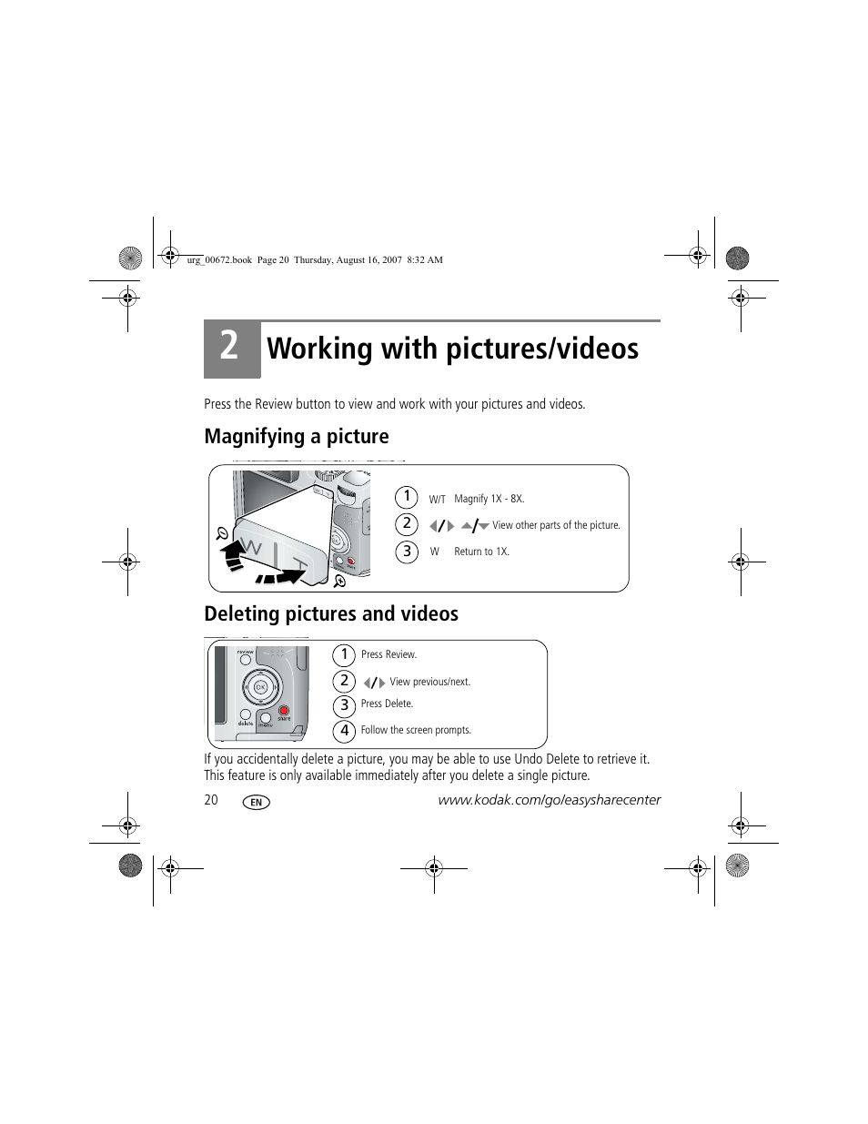 Working with pictures/videos, Magnifying a picture deleting pictures and videos | Kodak KLIC-8000 User Manual | Page 20 / 27