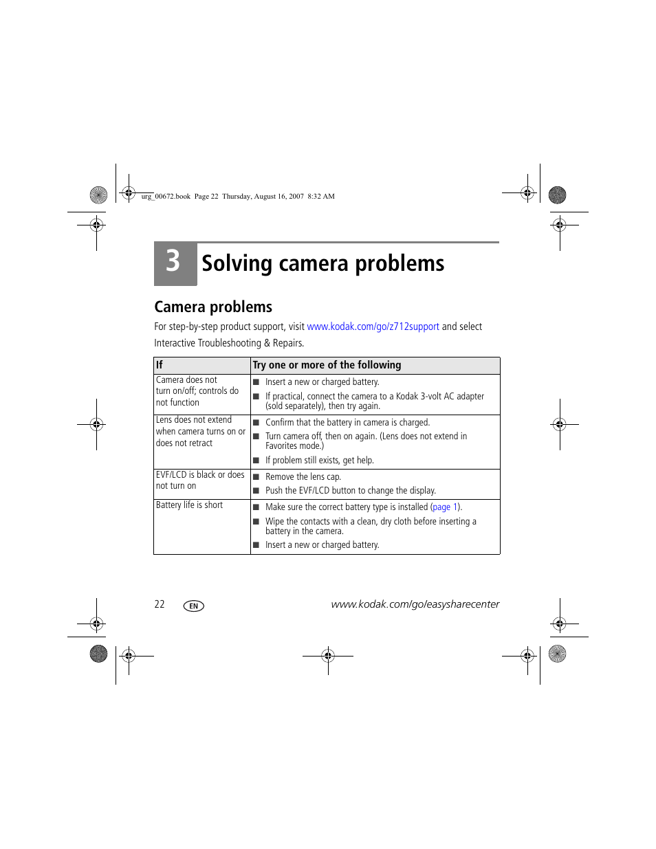 Solving camera problems, Camera problems | Kodak KLIC-8000 User Manual | Page 22 / 27