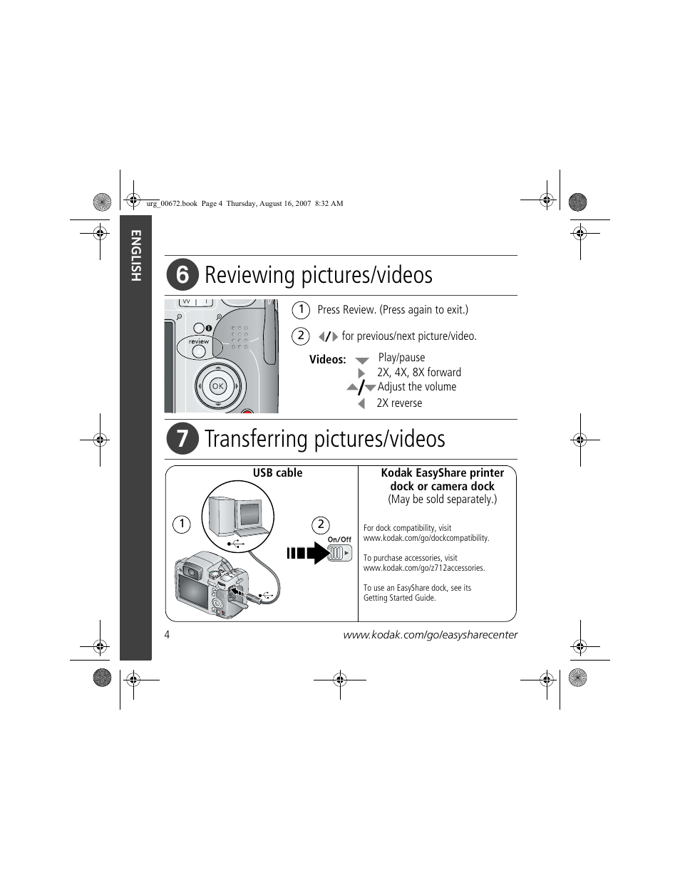 Reviewing pictures/videos, Transferring pictures/videos | Kodak KLIC-8000 User Manual | Page 4 / 27