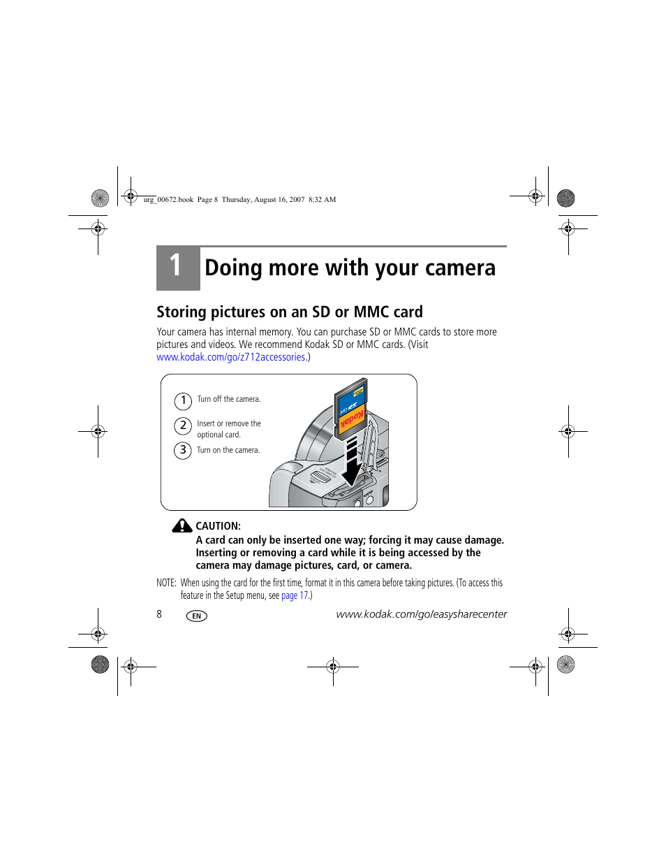 Doing more with your camera, Storing pictures on an sd or mmc card | Kodak KLIC-8000 User Manual | Page 8 / 27