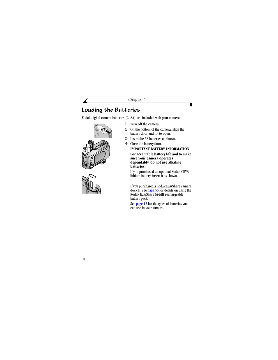 Loading the batteries | Kodak CX4310 User Manual | Page 12 / 108