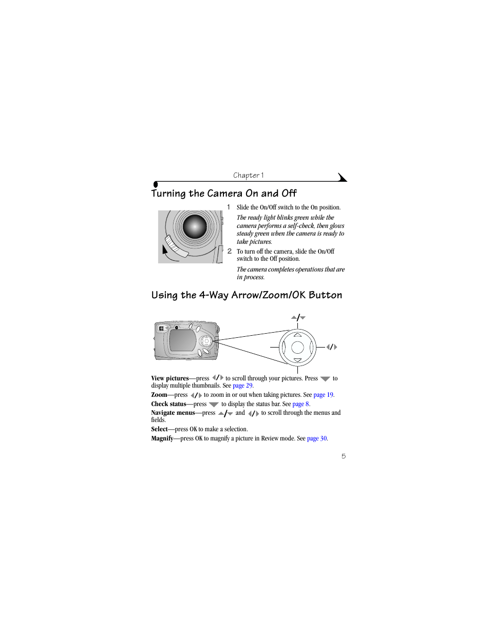 Turning the camera on and off, Using the 4-way arrow/zoom/ok button | Kodak CX4310 User Manual | Page 13 / 108