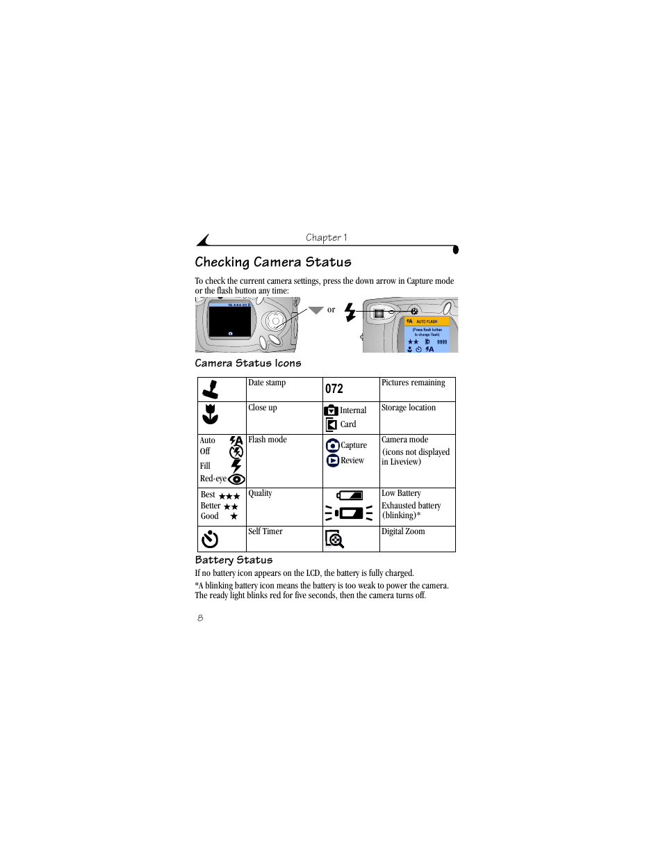 Checking camera status, Camera status icons, Battery status | Kodak CX4310 User Manual | Page 16 / 108