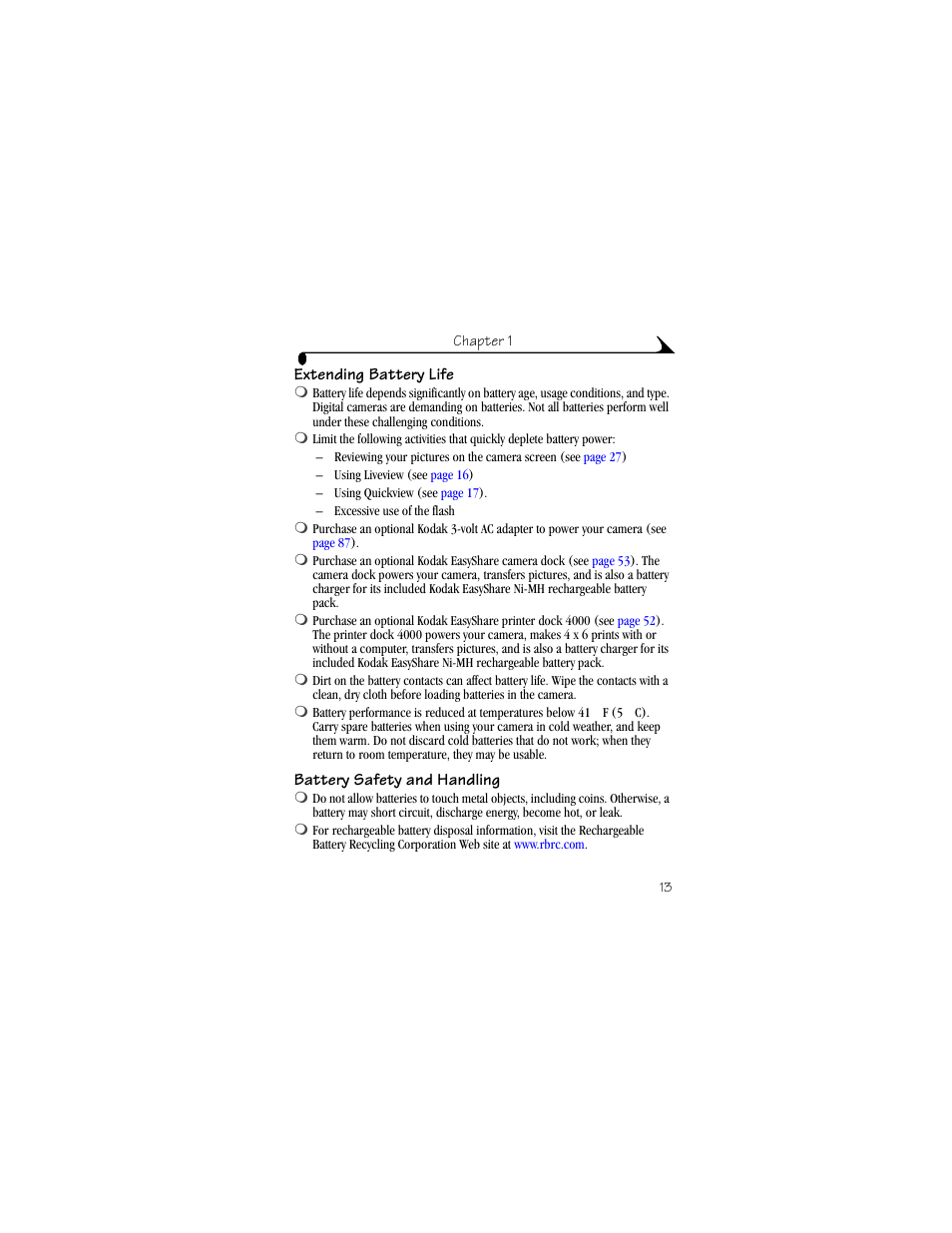 Extending battery life, Battery safety and handling | Kodak CX4310 User Manual | Page 21 / 108