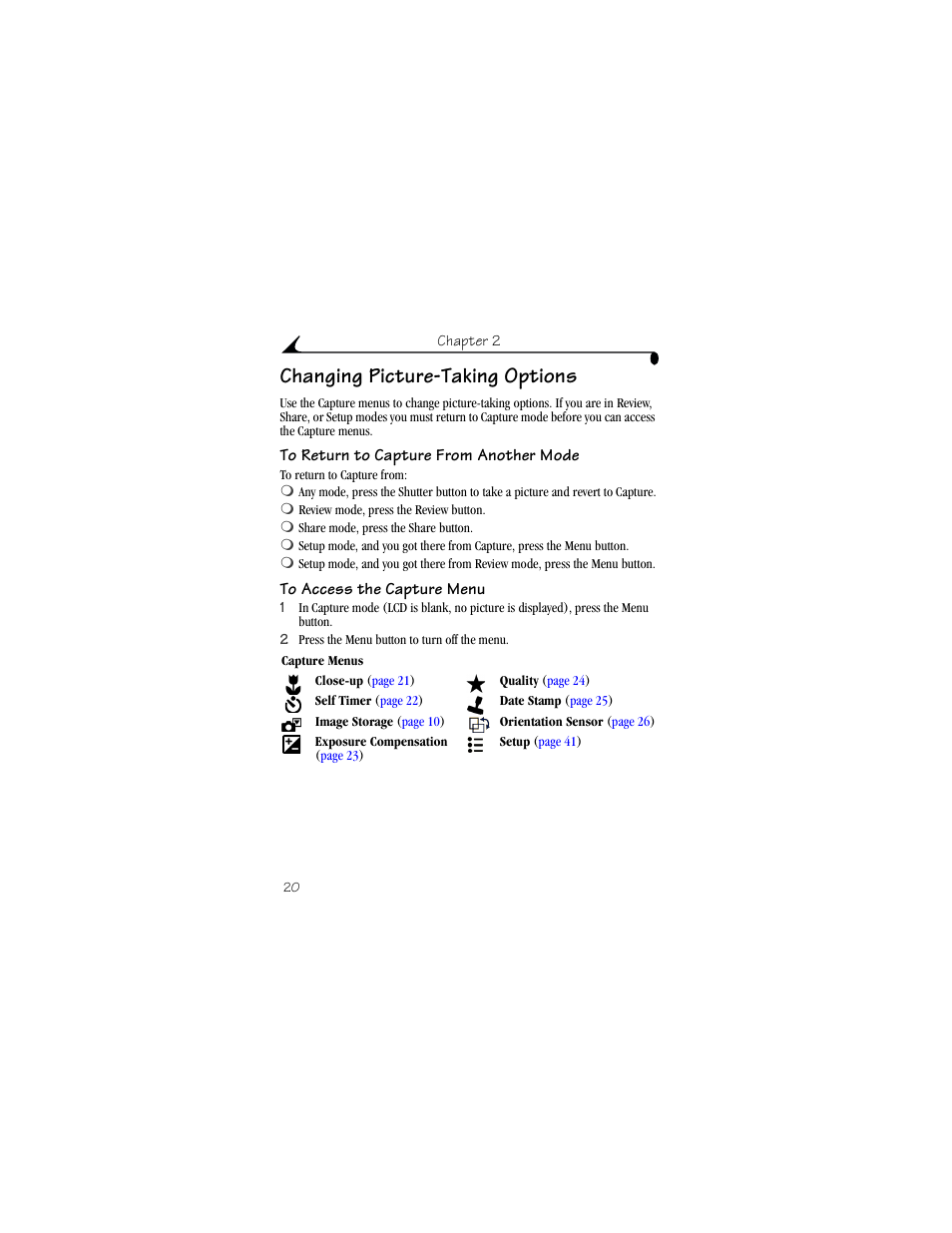 Changing picture-taking options, To return to capture from another mode, To access the capture menu | Kodak CX4310 User Manual | Page 28 / 108