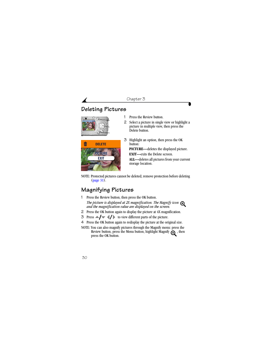 Deleting pictures, Magnifying pictures, Deleting pictures magnifying pictures | Kodak CX4310 User Manual | Page 38 / 108