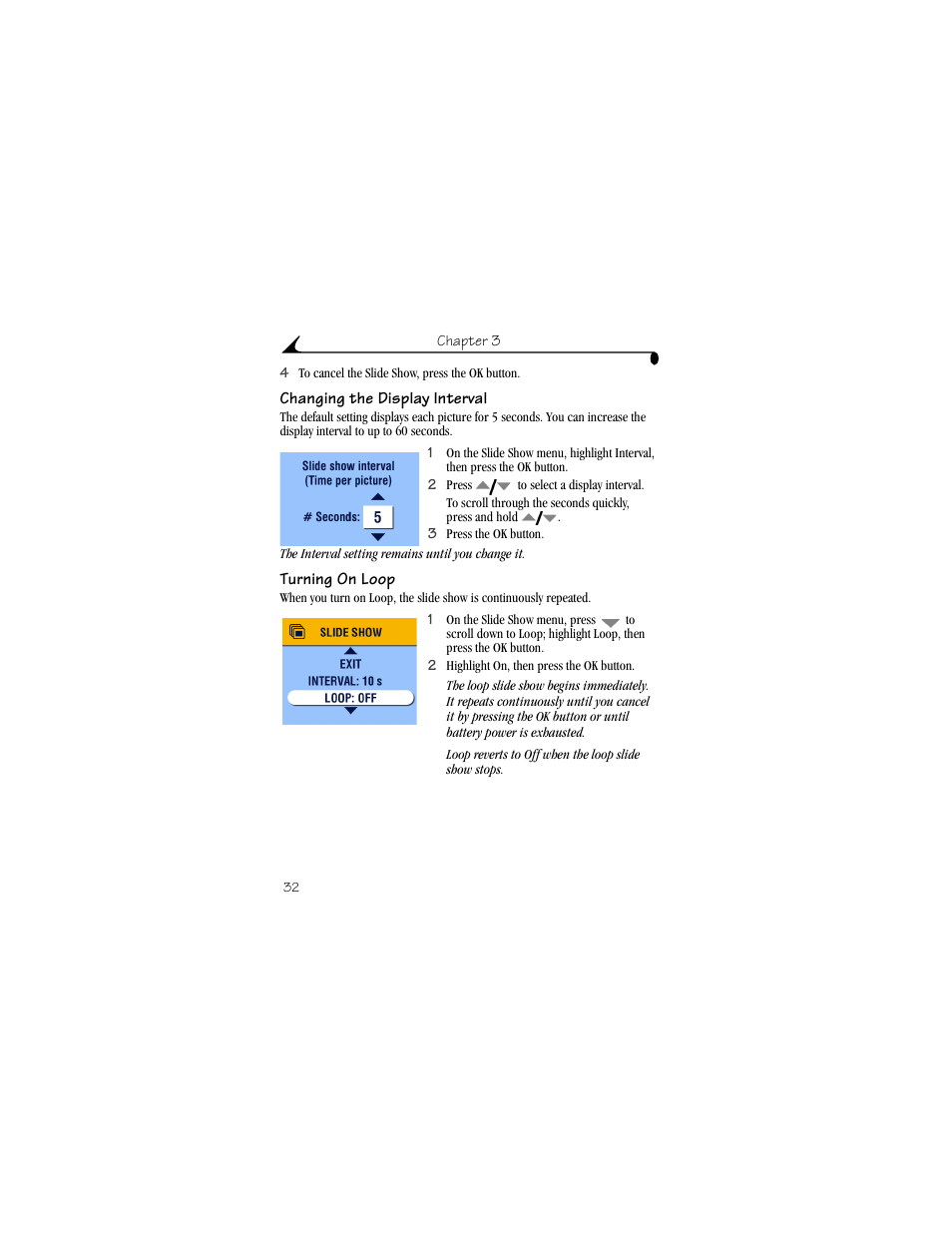 Changing the display interval, Turning on loop | Kodak CX4310 User Manual | Page 40 / 108