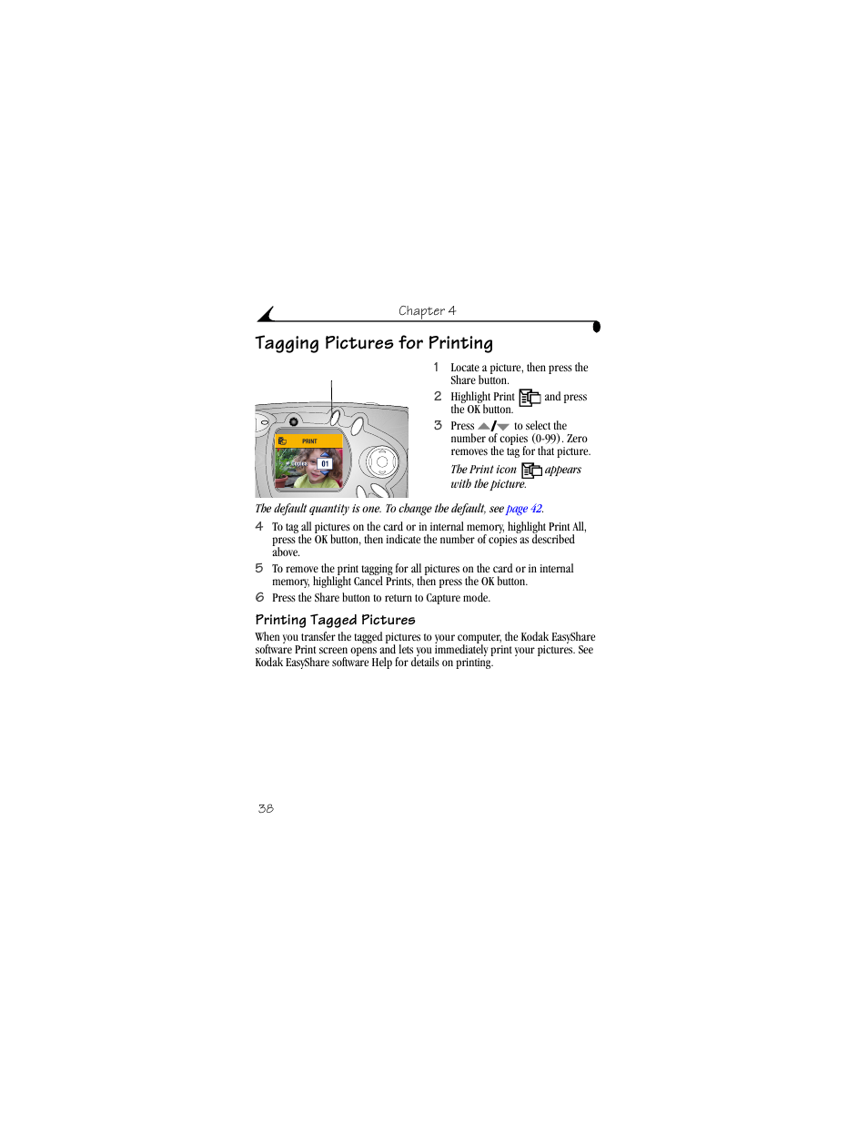 Tagging pictures for printing, Printing tagged pictures | Kodak CX4310 User Manual | Page 46 / 108