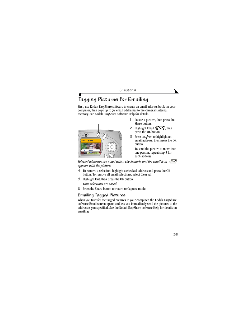 Tagging pictures for emailing, Emailing tagged pictures | Kodak CX4310 User Manual | Page 47 / 108