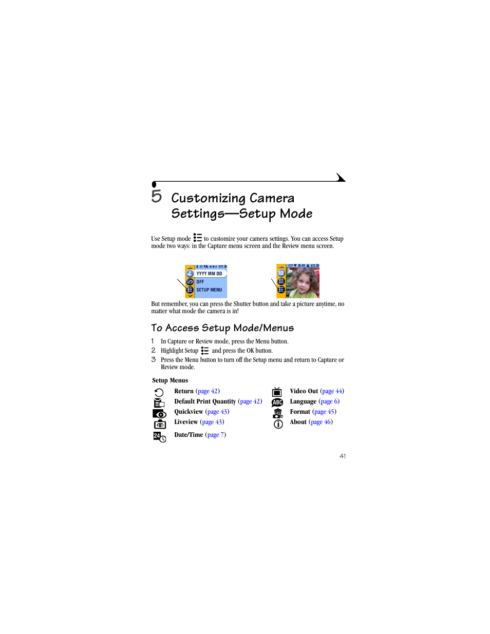 5 customizing camera settings—setup mode, To access setup mode/menus, Chapter 5, customizing | Camera settings—setup mode, Customizing camera settings—setup mode | Kodak CX4310 User Manual | Page 49 / 108