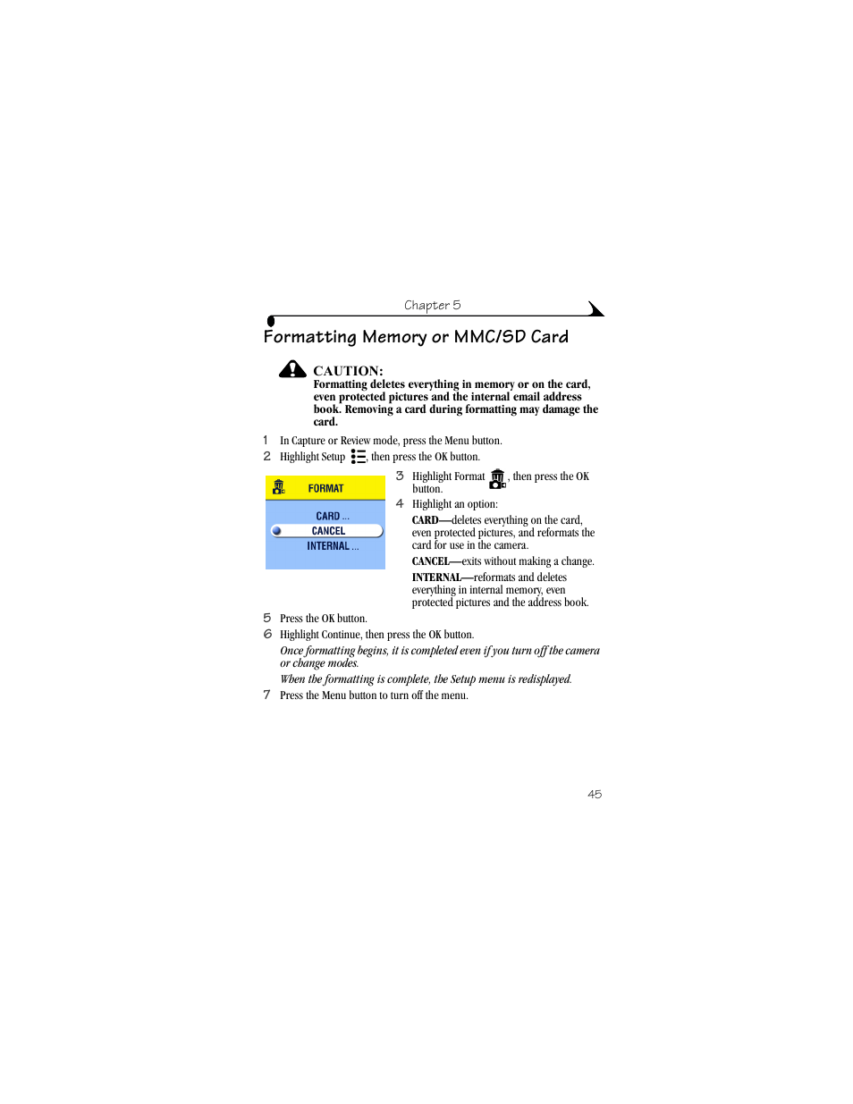 Formatting memory or mmc/sd card | Kodak CX4310 User Manual | Page 53 / 108