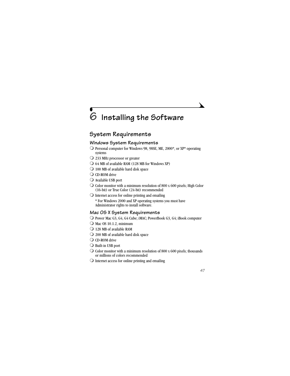 6 installing the software, System requirements, Windows system requirements | Mac os x system requirements, Installing the software | Kodak CX4310 User Manual | Page 55 / 108