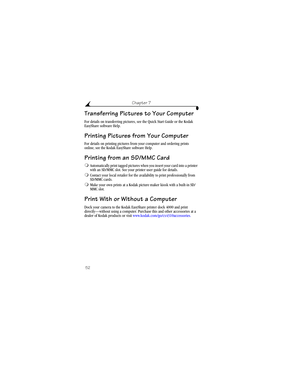 Transferring pictures to your computer, Printing pictures from your computer, Printing from an sd/mmc card | Print with or without a computer | Kodak CX4310 User Manual | Page 60 / 108