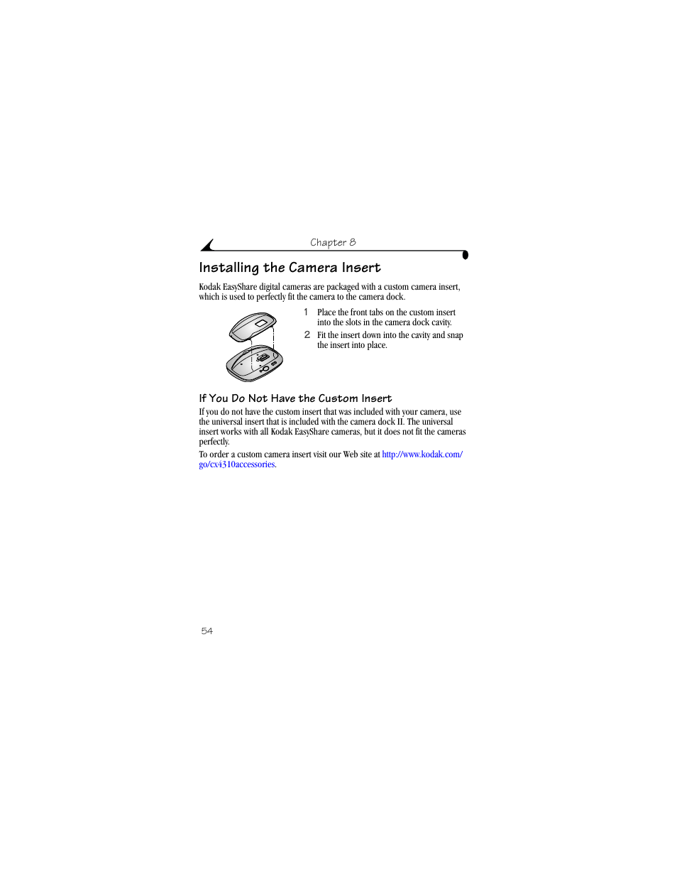 Installing the camera insert, If you do not have the custom insert | Kodak CX4310 User Manual | Page 62 / 108