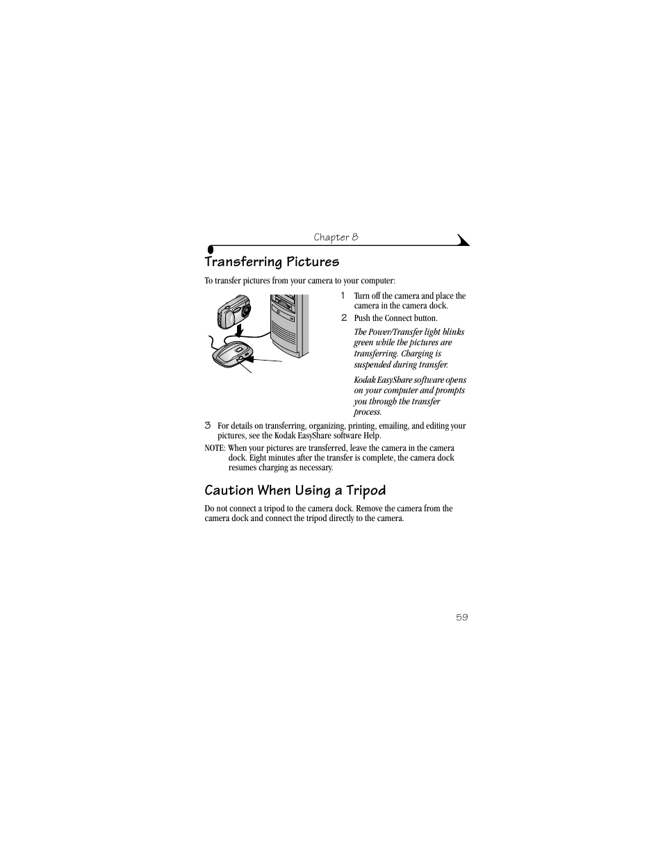 Transferring pictures, Caution when using a tripod, Transferring pictures caution when using a tripod | Kodak CX4310 User Manual | Page 67 / 108